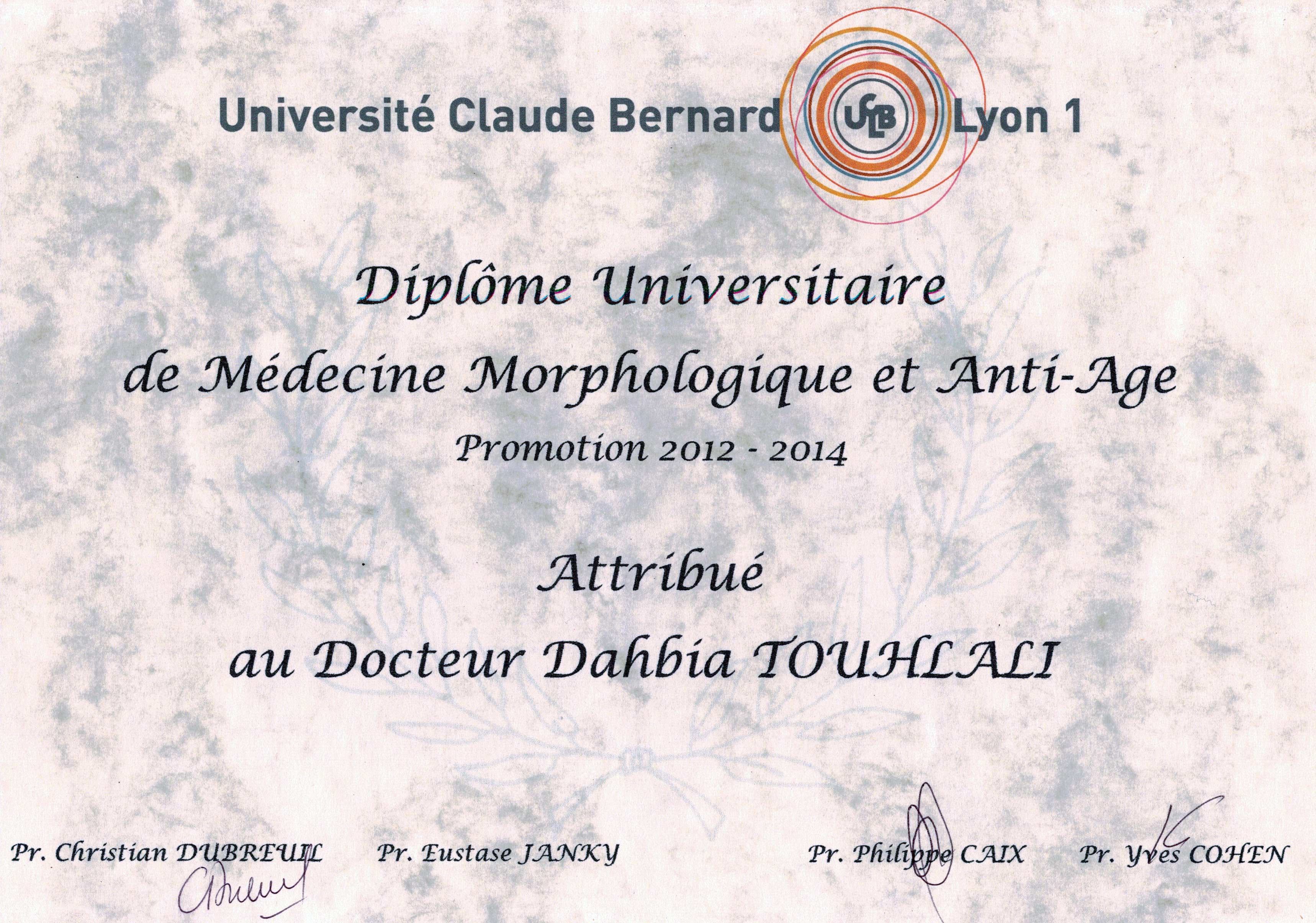 Diplôme Universitaire de Médecine Morphologique et Anti-Âge — Dr Dahbia Touhlali